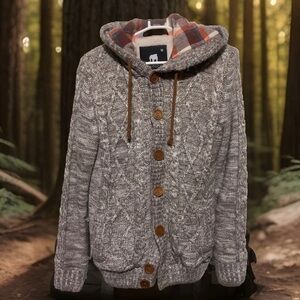 Gray Cable Knit Hoodie Jacket with Plaid Lining Sz M